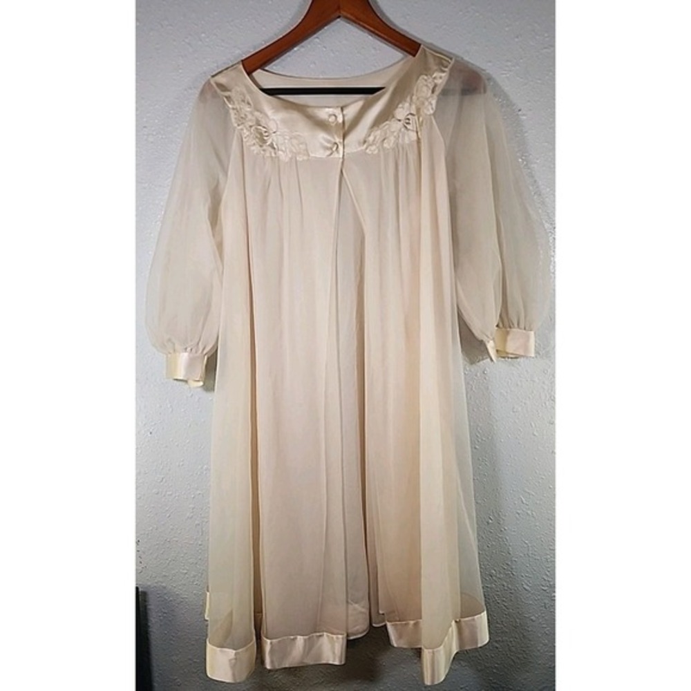 VINTAGE GOSSARD Artemis Sheer Cream Nightgown Robe with Satin Trim